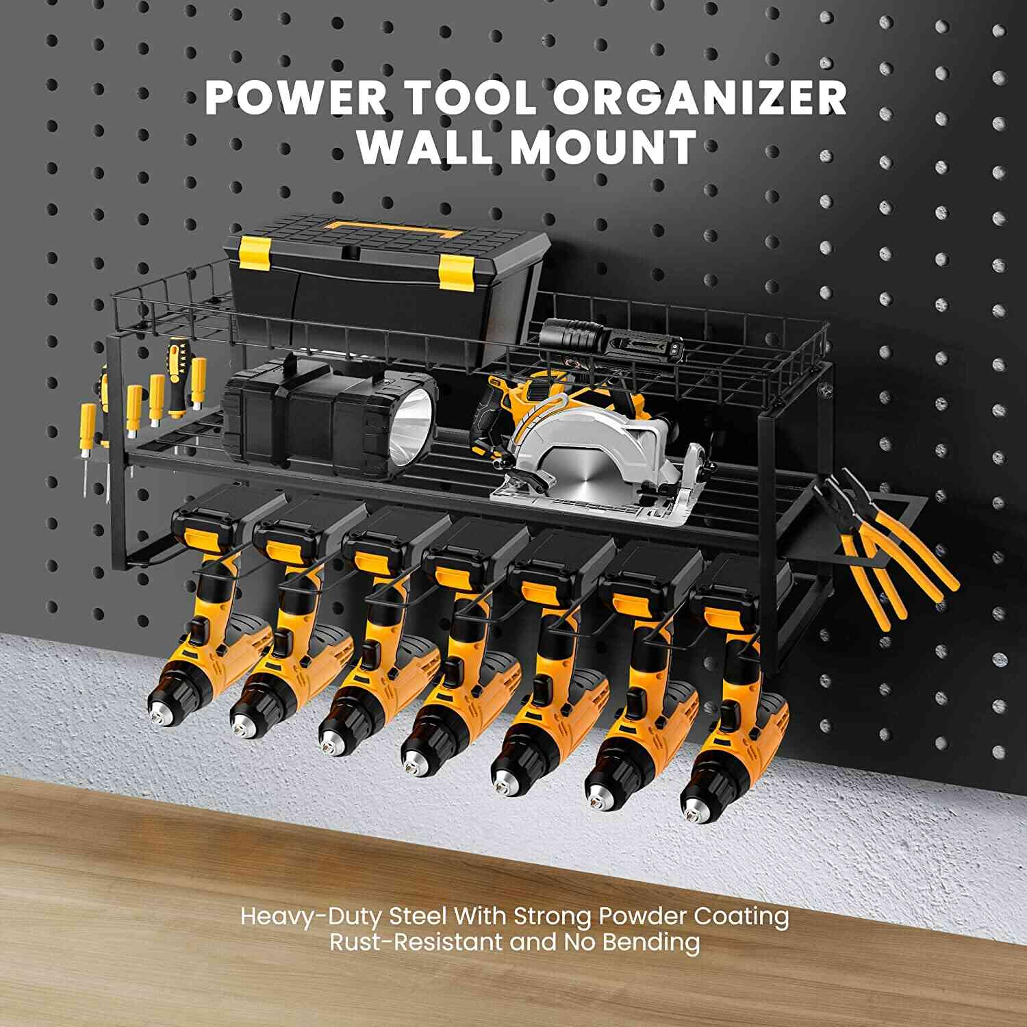 SPECSTAR Power Tool Organizer Wall Mount 3 Layers Heavy Duty Tool Shelf with 7 Drill Holders
