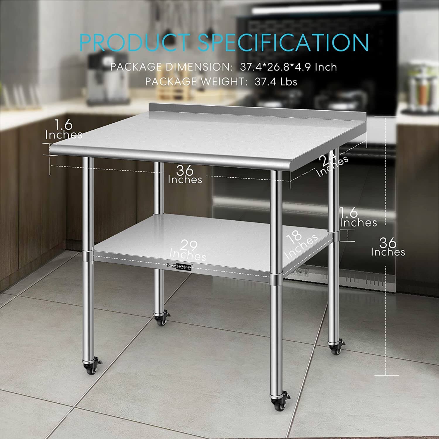 VIVOHOME Stainless Steel Work Table with Backsplash