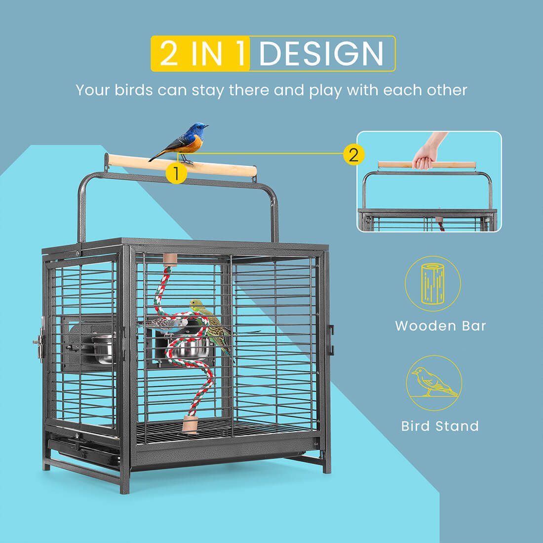 VIVOHOME 19 Inch Wrought Iron Bird Travel Carrier Cage for Parrots Conures Lovebird Cockatiel Parakeets