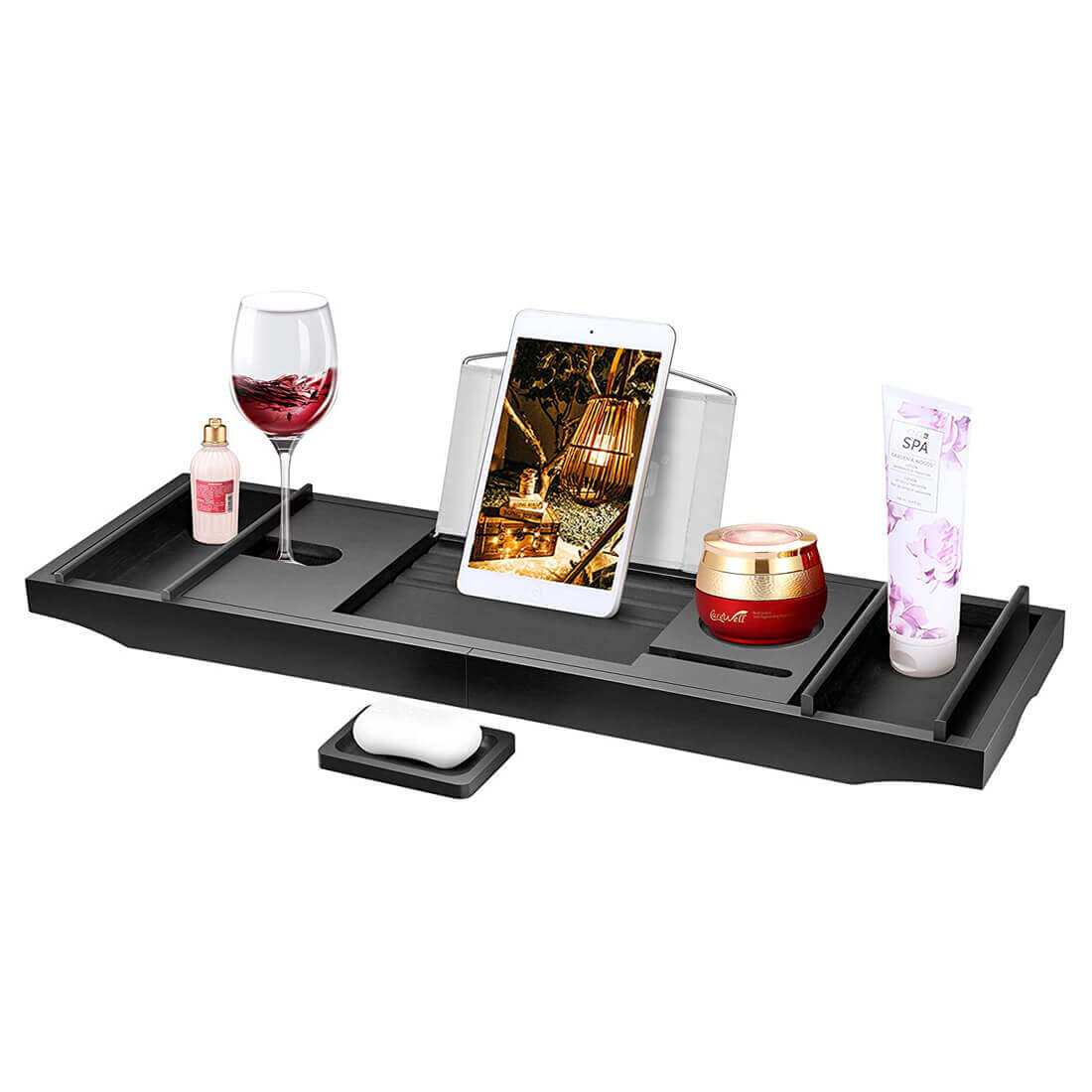 Bamboo Bathtub Tray Bath Tub Caddy with Expandable Handles Wine Glass Phone  Holder Book Stand for Bathroom White