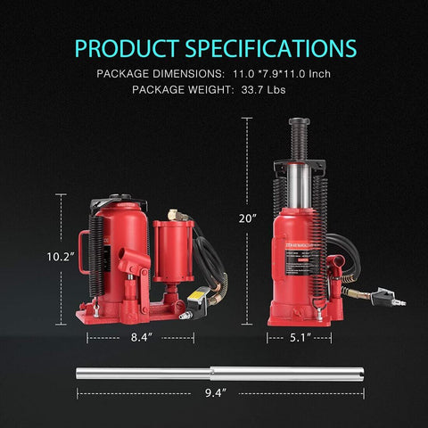 SPECSTAR Pneumatic Air Hydraulic Bottle Jack with Manual Hand Pump 20 Ton Heavy Duty Auto Truck Travel Trailer Repair Lift Red
