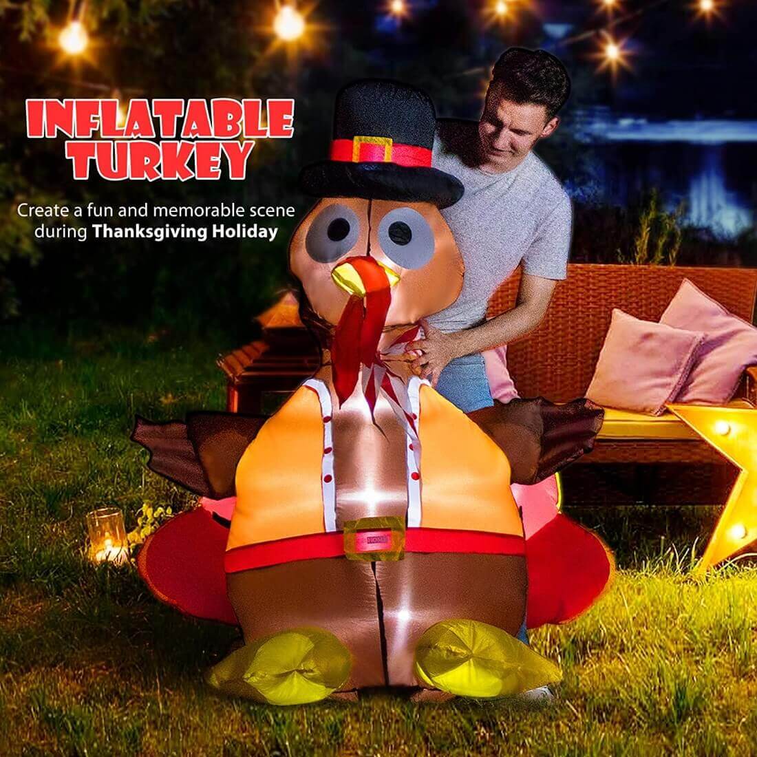  VIVOHOME 5ft Height Thanksgiving Inflatable LED Lighted Turkey with Hat Blow up Outdoor Lawn Yard Decoration