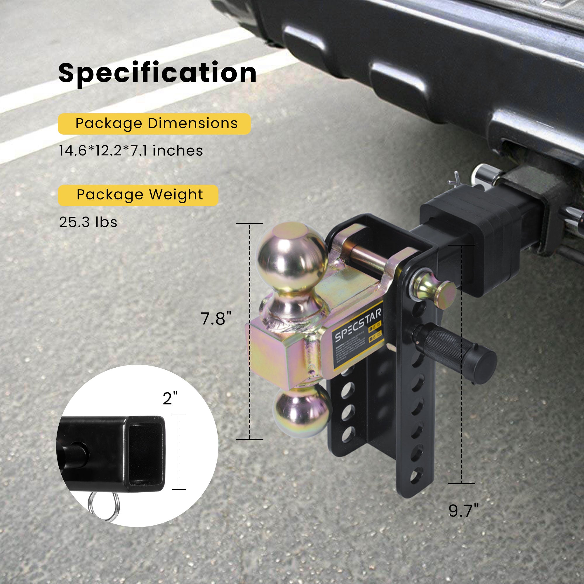 SPECSTAR Adjustable Trailer Hitch Ball Mount 6Inch with Double Stainless Steel Locks