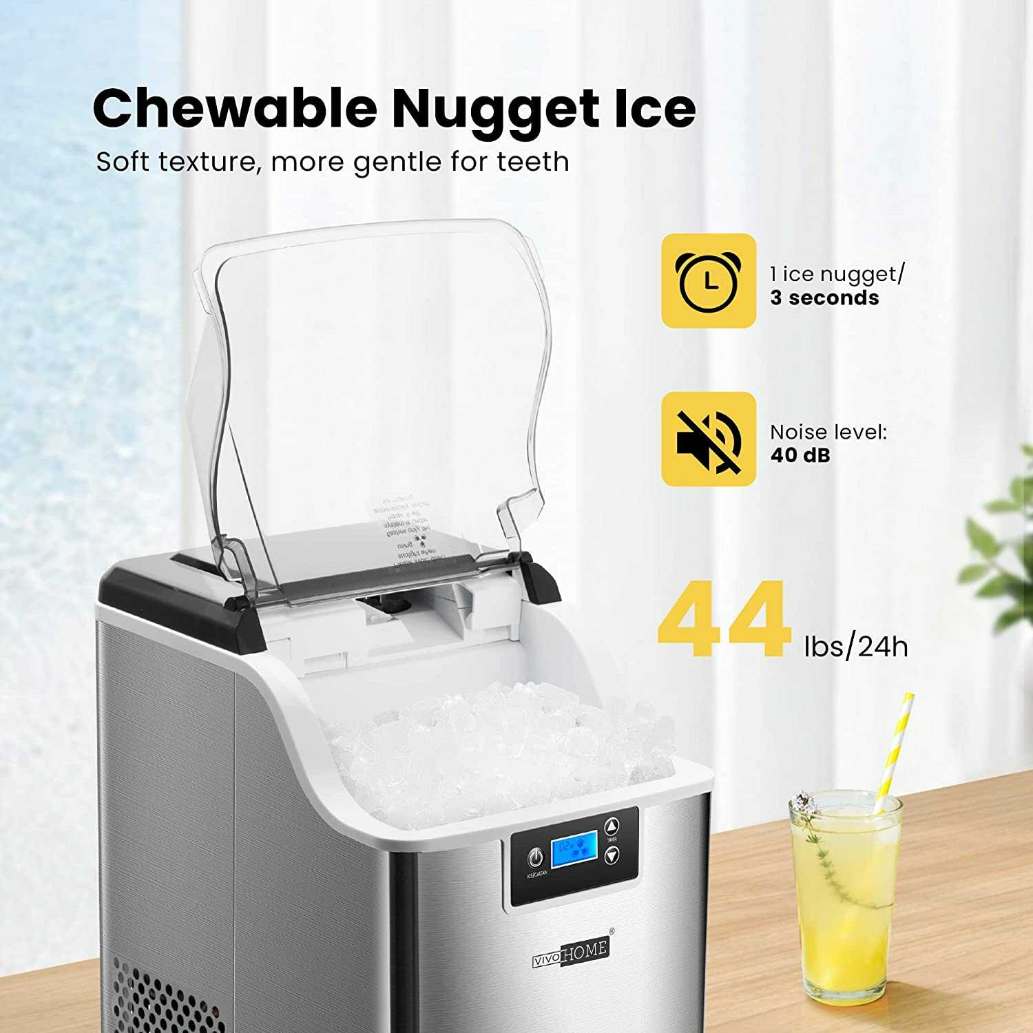 VIVOHOME Electric Portable Compact Countertop Automatic Chewable Nugget Ice Cube Maker Machine with Hand Scoop 10 Ice Bags and Self Cleaning