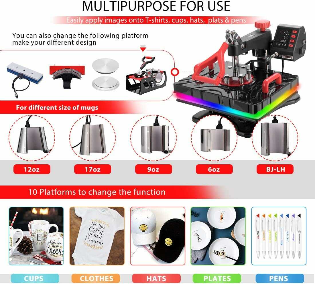 VIVOHOME Multifunctional Heat Press Transfer Machine 11 in 1 Combo for T-Shirt Hat Cap Mug Plate Pen