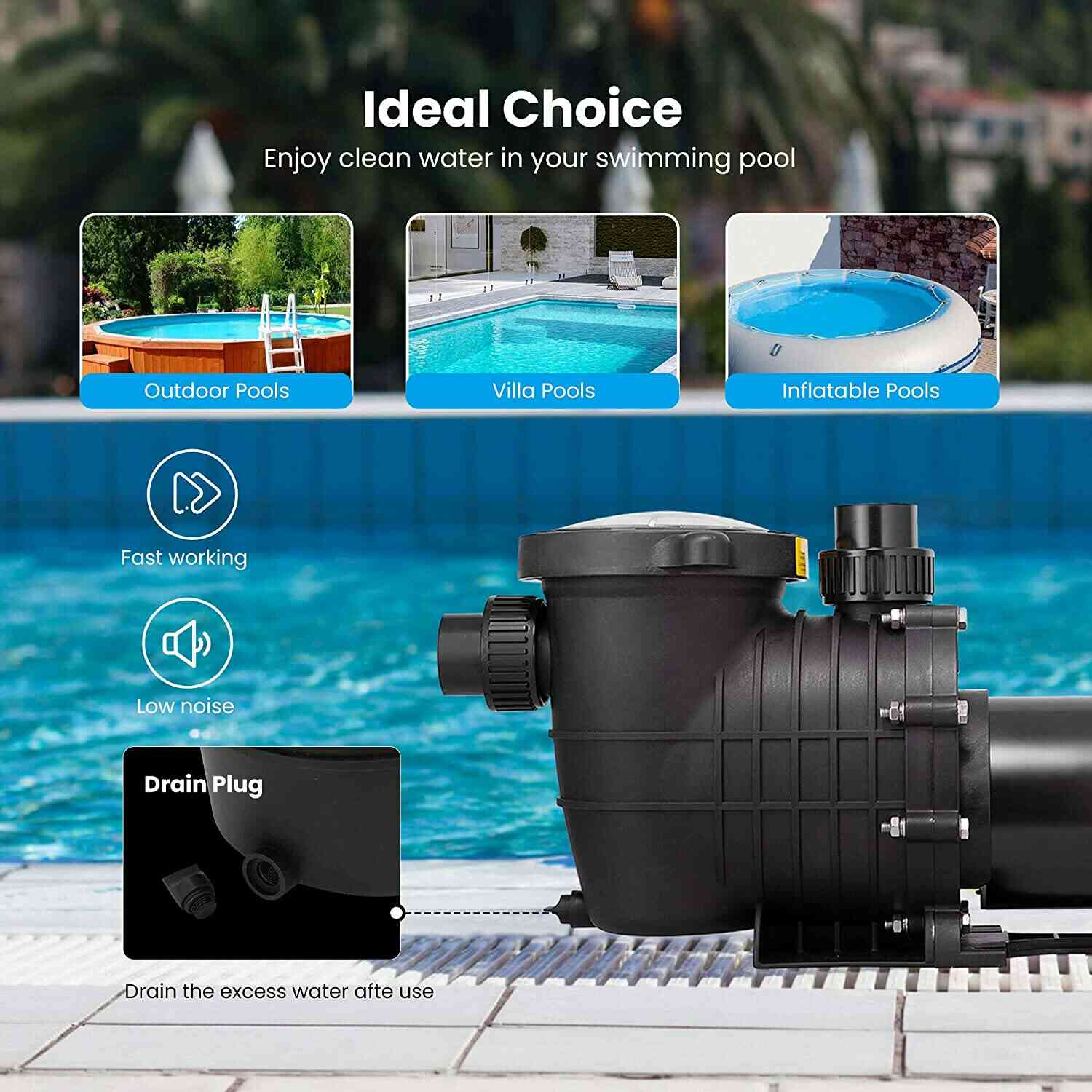 VIVOHOME Swimming Pool Pump 1.0/1.5/2.0 HP Powerful Self Primming Above Ground with Strainer Basket