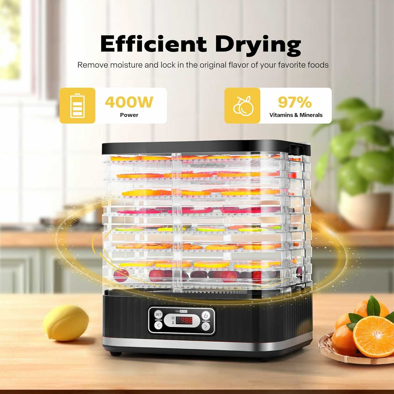 VIVOHOME Máquina deshidratadora eléctrica de alimentos de 400 W con  temporizador digital y control de temperatura para frutas, verduras y carne  sin