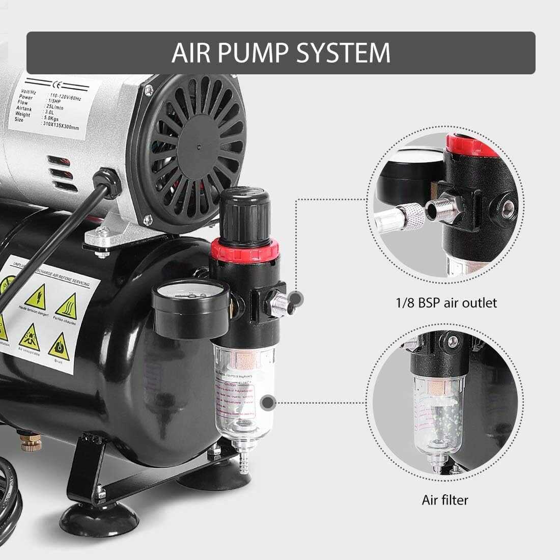 Airbrush Compressor Kit 110-120V Dual Action Airbrushing Paint System w/  1/5 HP
