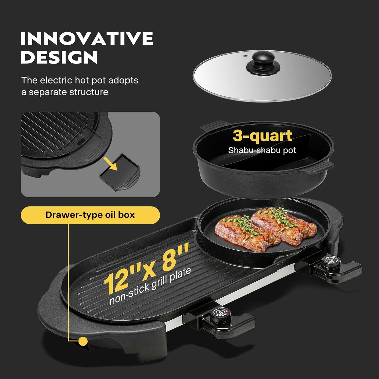VIVOHOME 2200W Electric Hot Pot with Grill