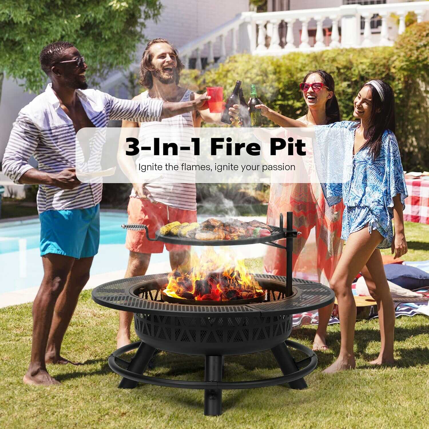 VIVOHOME 35 Inch Fire Pit with Cooking Grill Grate and Charcoal Pan