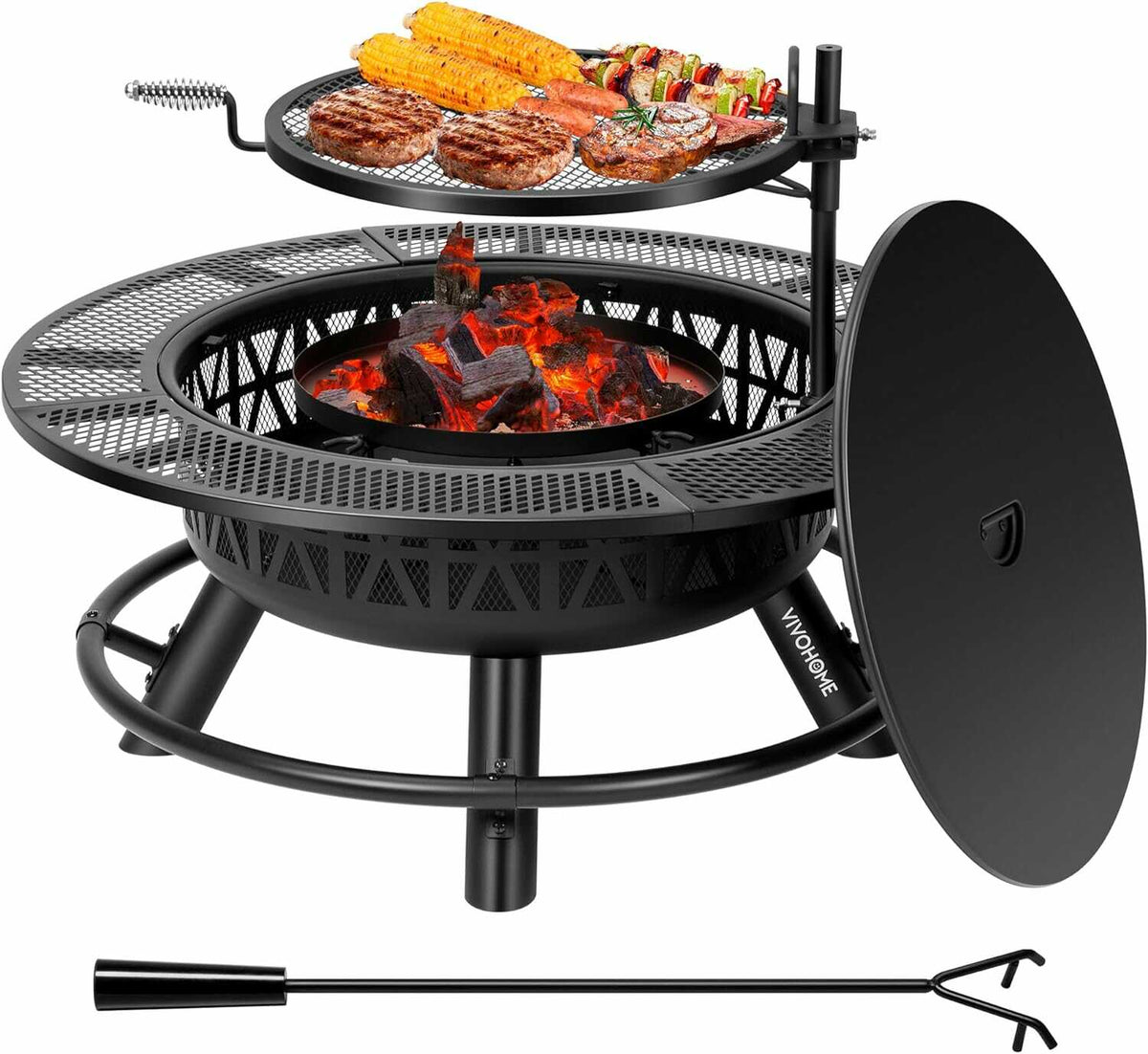 VIVOHOME 35 Inch Fire Pit with Cooking Grill Grate and Charcoal Pan