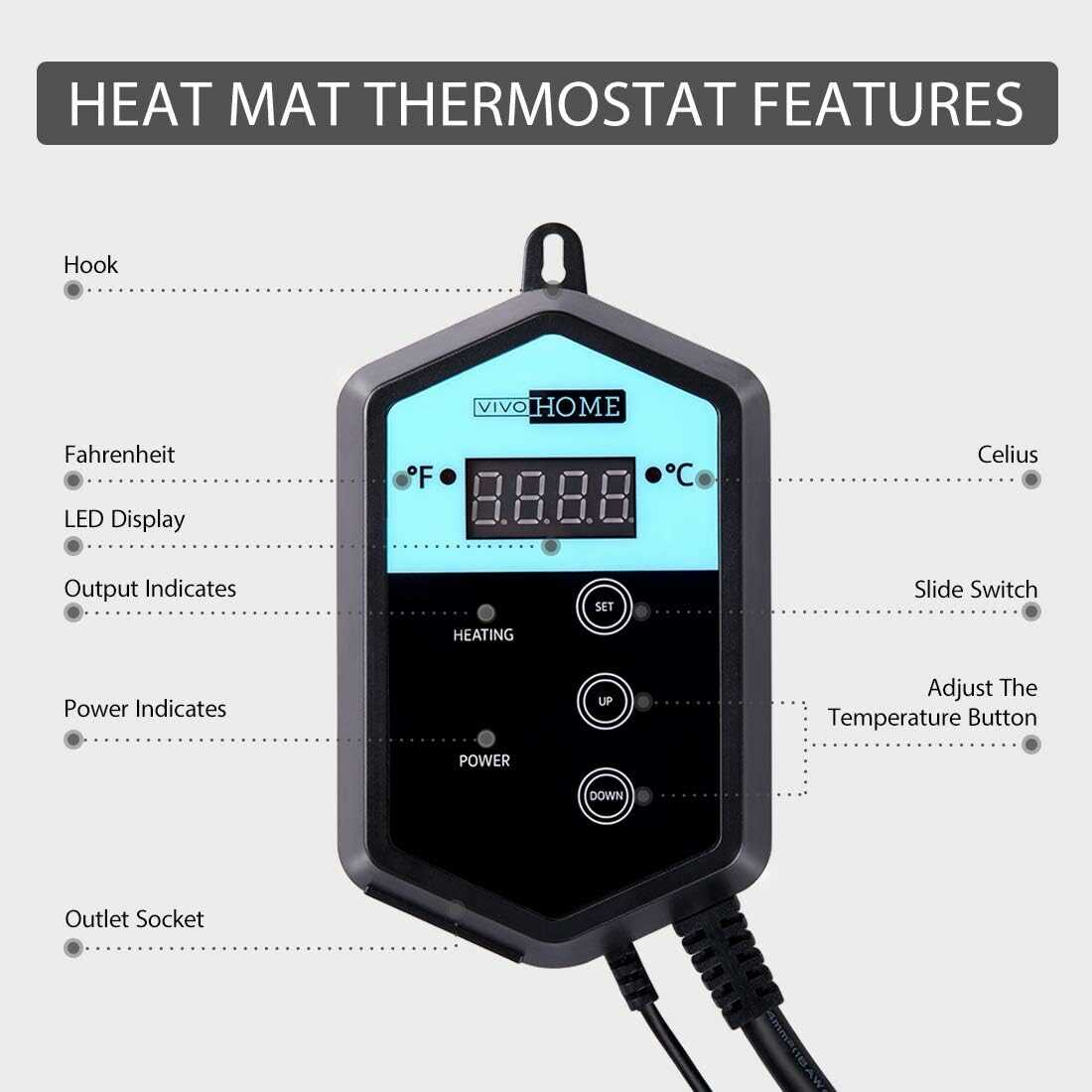 VIVOHOME 40-108°F Temperature Digital LED Heat Mat Thermostat Controller