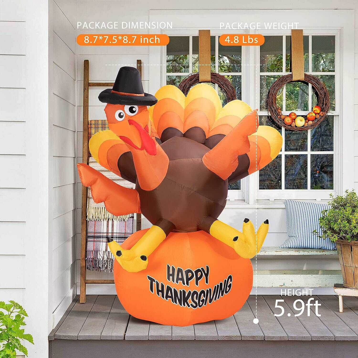 VIVOHOME 6ft Height Inflatable LED Lighted Happy Thanksgiving Turkey with Pumpkin