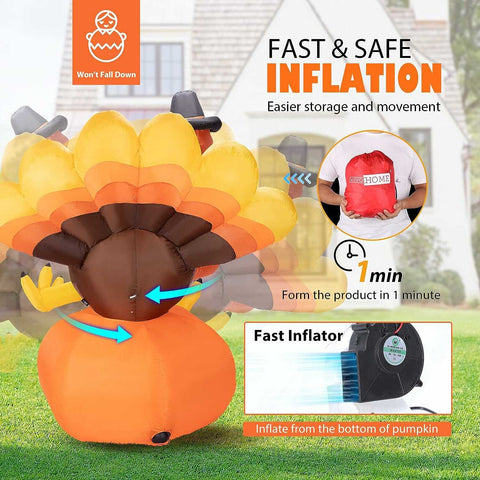 VIVOHOME 6ft Height Inflatable LED Lighted Happy Thanksgiving Turkey with Pumpkin