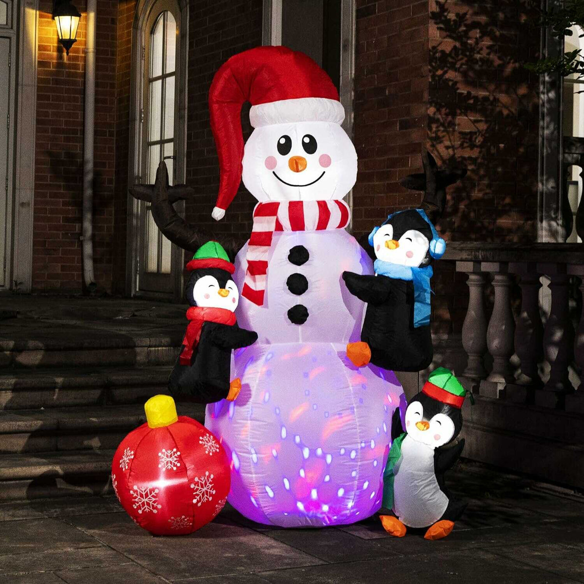 VIVOHOME 6ft Height Christmas Inflatable Snowman with Penguins and Ornment Colorful Rotating Led Lights