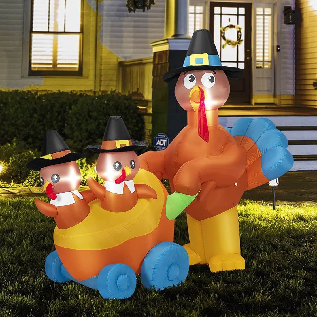 VIVOHOME 5ft Height Happy Thanksgiving Inflatable Turkey with 2 Turkey Chicks in a Cart Built-in LED Lights Blow up Outdoor Lawn Yard Decoration