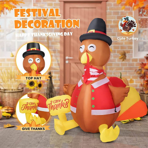 VIVOHOME 6ft Height Thanksgiving Inflatable Turkey with Hat and Colorful Rotating Led Lights Blow up Outdoor Yard Decoration