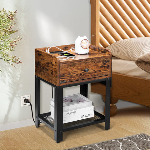 VIVOHOME Nightstand with Charging Station and Storage Bag, Side Table with USB Ports