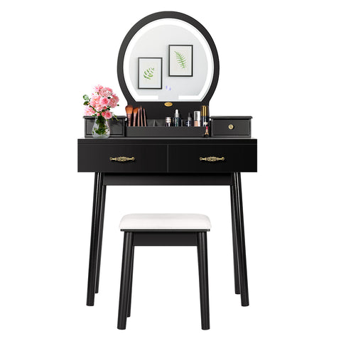VIVOHOME Vanity Set with 3-Color Dimmable Lighted Mirror, Makeup Dressing Table with Drawers, Padded Stool, Black