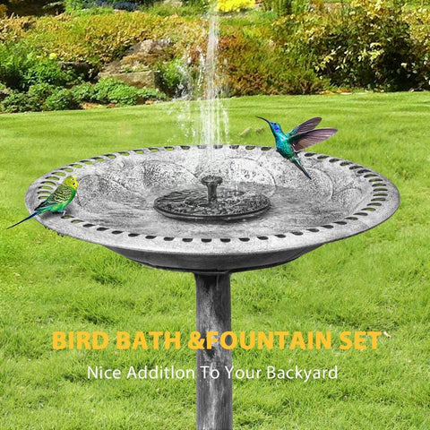 VIVOHOME Polyresin Antique Outdoor Gray Garden Bird Bath and Solar Powered Round Pond Fountain Combo Set