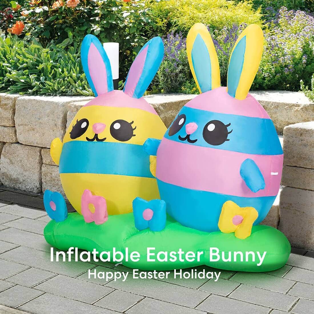 VIVOHOME 4ft Height Multicolored Inflatable 2 Easter Bunny Pastel Rabbit Eggs with Flower Field Built-in LED Lights Blow up Outdoor Lawn Yard Decoration