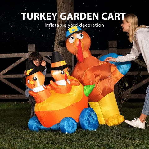 VIVOHOME 5ft Height Happy Thanksgiving Inflatable Turkey with 2 Turkey Chicks in a Cart Built-in LED Lights Blow up Outdoor Lawn Yard Decoration