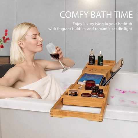  VIVOHOME Expandable 43 Inch Bamboo Bathtub Caddy Tray with Smartphone Tablet Book Holders, Soap Tray, Wine Glass Slot, Natural