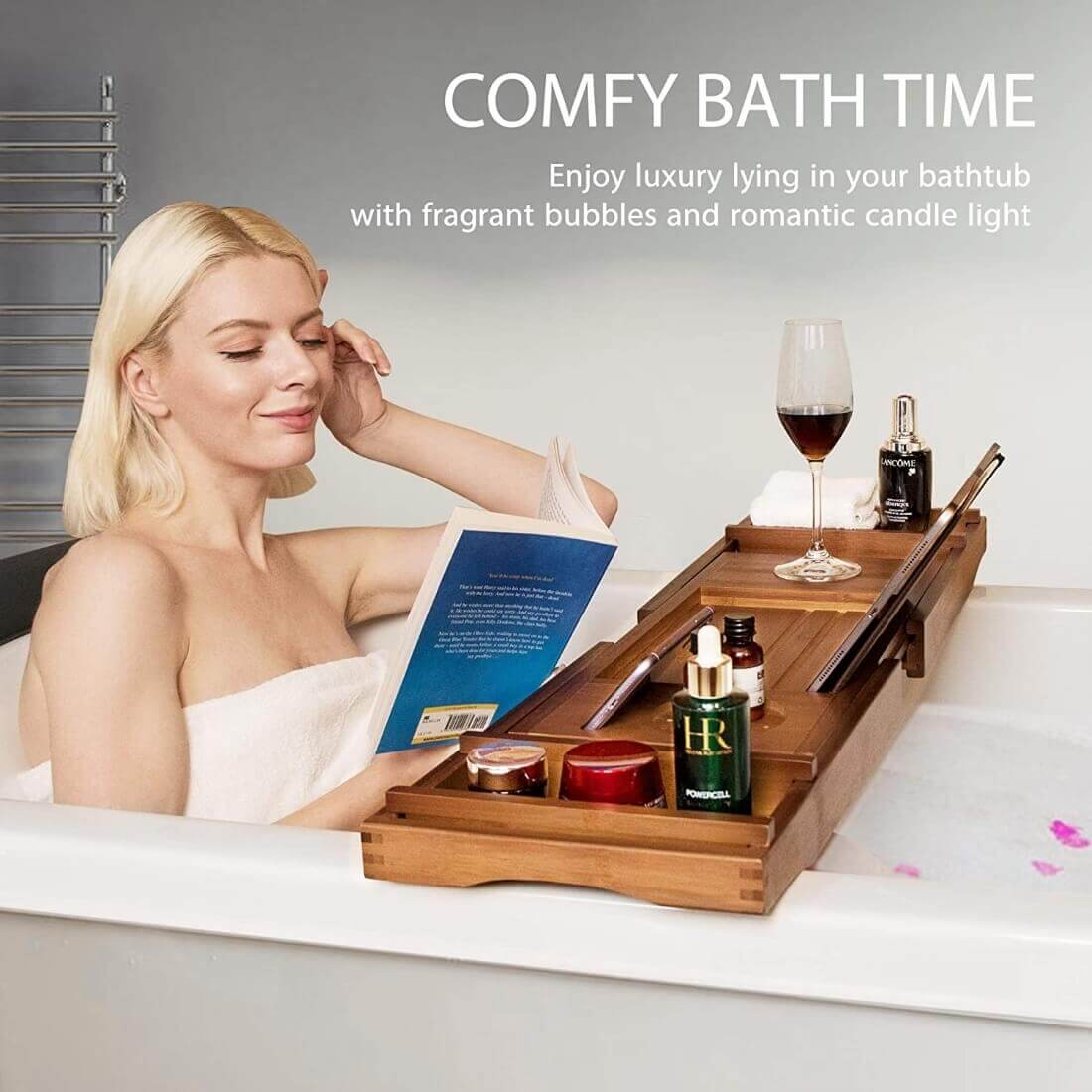 VIVOHOME Expandable 43 Inch Bamboo Bathtub Caddy Tray with Smartphone Tablet Book Holders, Soap Tray, Wine Glass Slot, Brown