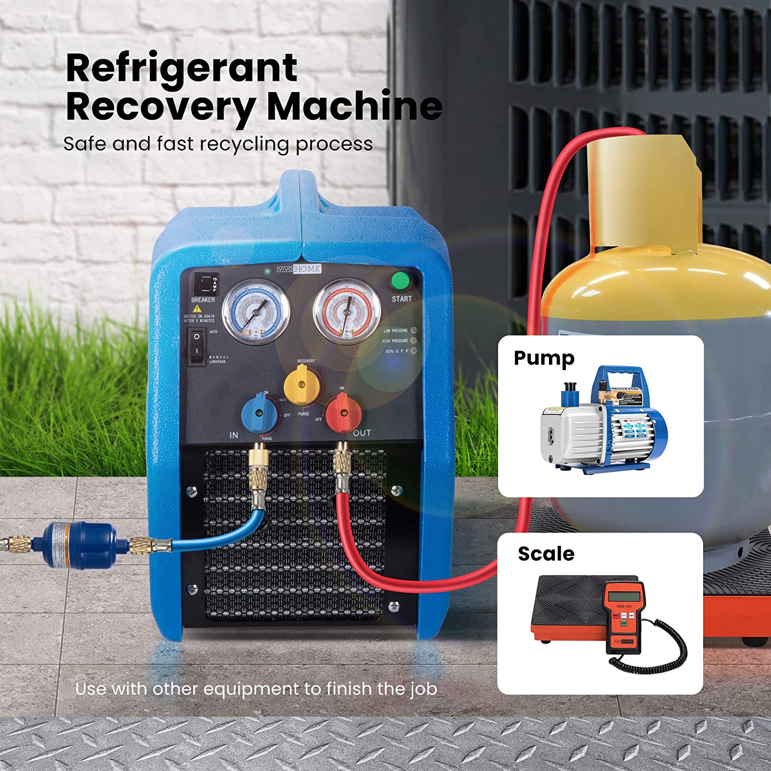 VIVOHOME Refrigerant Recovery Machine R1234YF 1 HP Dual Cylinder Portable Oil-Less Freon Recycling Unit
