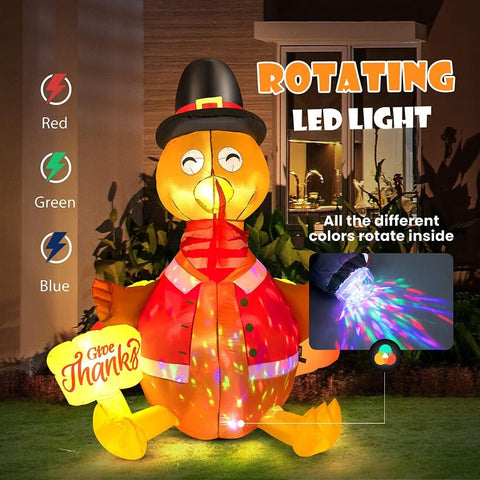 VIVOHOME 6ft Height Thanksgiving Inflatable Turkey with Hat and Colorful Rotating Led Lights Blow up Outdoor Yard Decoration