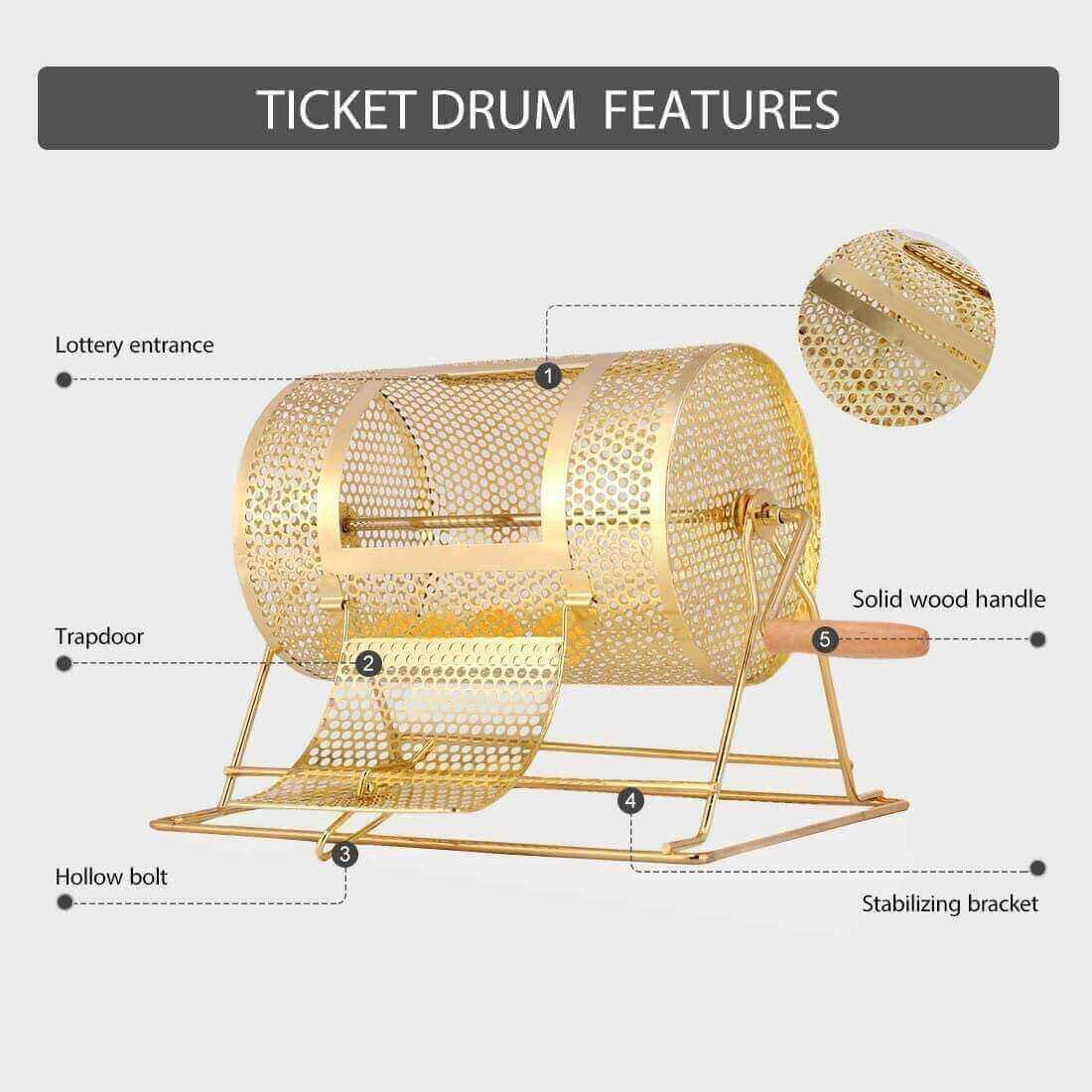 VIVOHOME 11 Inch x 8 Inch Brass Plated Raffle Drum Lottery Spinning Drawing with Wooden Turning Handle Holds 3000 Tickets