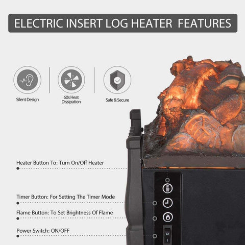 VIVOHOME 110V Electric Fireplace Insert Log Quartz Realistic Ember Bed Fan Heater with Infrared Remote Controller Black