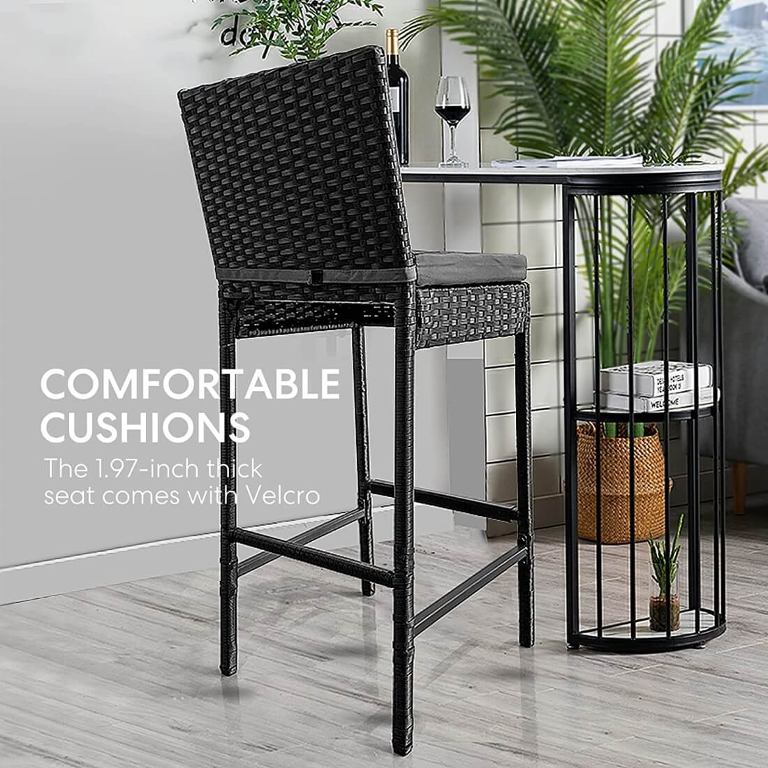 VIVOHOME 4 Packs Outdoor Wicker Barstool Patio Rattan Furniture with Cushions Black