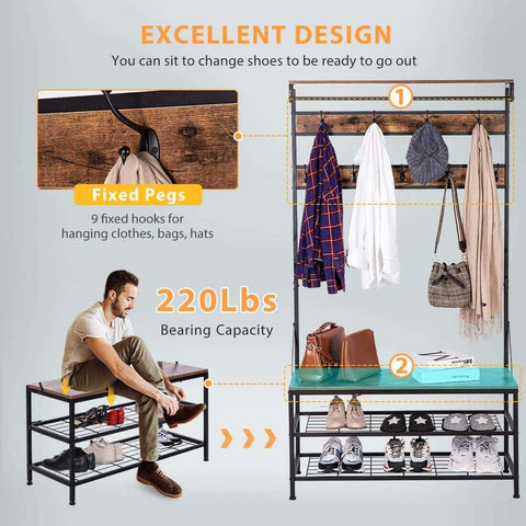  VIVOHOME 5-in-1 Entryway Hall Tree, Industrial Stand Organizer with Shoe Bench, Vintage MDF Wood Furniture with Stable Metal Frame