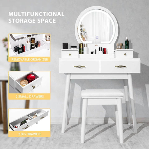 VIVOHOME Vanity Set with 3-Color Dimmable Lighted Mirror, Makeup Dressing Table with Drawers, Padded Stool, White