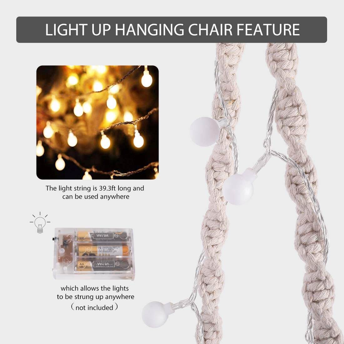 VIVOHOME Hanging Hammock Chair with 39 Feet Long LED Lights for Indoor Outdoor, 330 lbs Capacity, Note: Stand Not Included