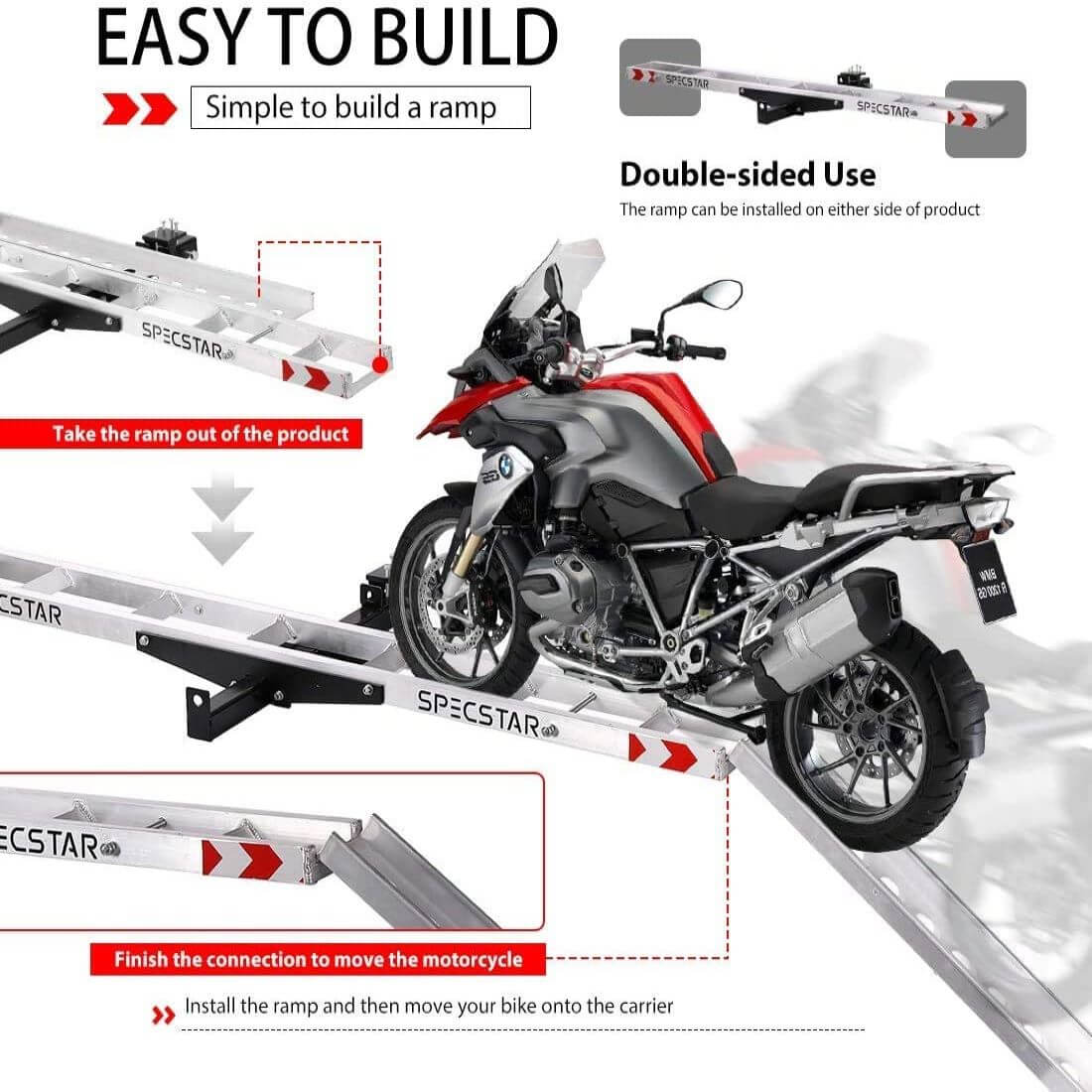 SPECSTAR Heavy Duty 450 Lbs Capacity Aluminum Motorcycle Carrier Anti Tilt Hitch Mounted Scooter Dirt Bike Rack with Loading Ramp and Locking Device