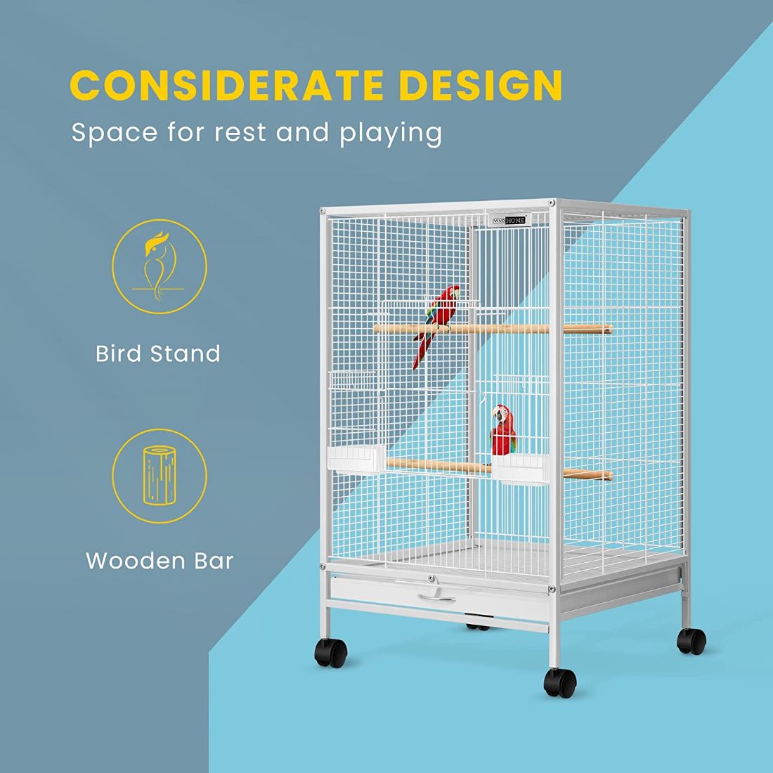 VIVOHOME 30 Inch Height Wrought Iron Bird Cage with Rolling Stand for Parrots Conure Lovebird Cockatiel White