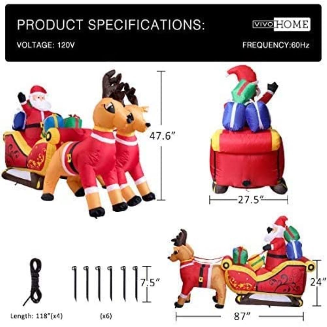 VIVOHOME 7.2ft Long Christmas Inflatable LED Lighted Santa on Sleigh with Reindeers and Gift Boxes Blow up Outdoor Yard