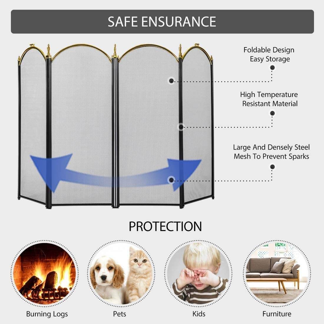 3-Panel Fireplace Screen Decor Cover Pets Baby Child Safety Folded