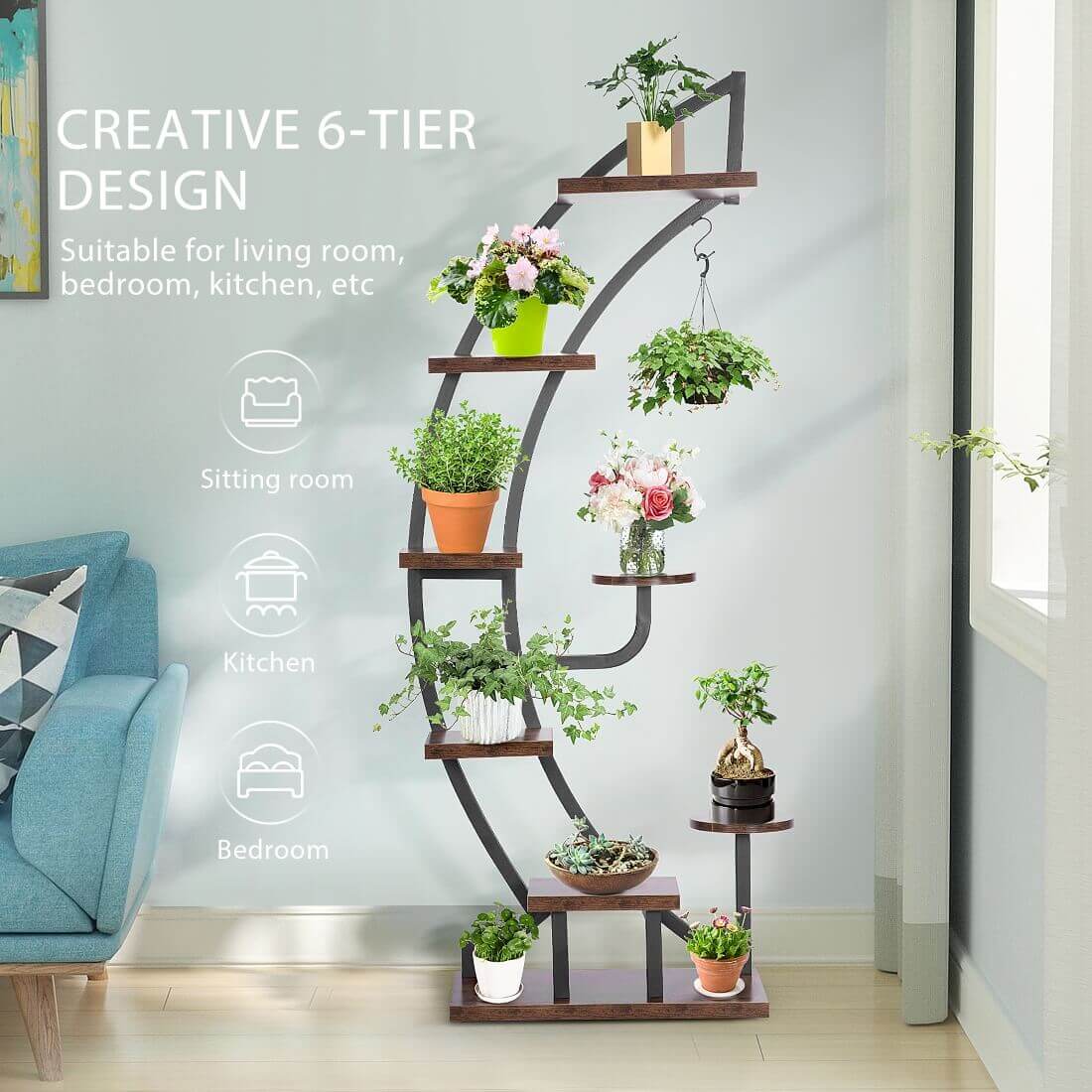 VIVOHOME 6 Tier 9 Potted Steel-Wood Plant Stand with Hanger, Curved Flower Pot Holder Shelf for Indoor Outdoor, Retro Brown