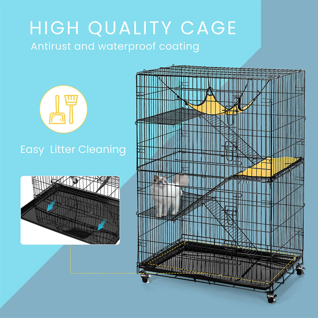  VIVOHOME 4-Tier 49 Inch Collapsible Metal Cat Kitten Ferret Cage 360° Rotating Casters Enclosure Pet Playpen with Ramp Ladders Hammock and Bed