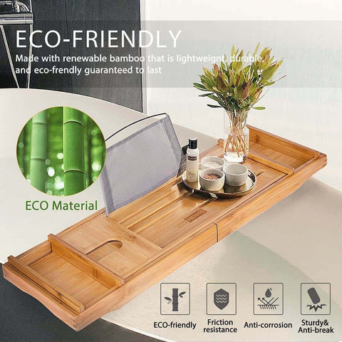  VIVOHOME Expandable 43 Inch Bamboo Bathtub Caddy Tray with Smartphone Tablet Book Holders, Soap Tray, Wine Glass Slot, Natural
