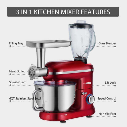 VIVOHOME 3 in 1 Multifunctional Stand Mixer with 6 Quart Stainless Steel Bowl, 650W 6-Speed Tilt-Head Meat Grinder Juice Blender, Red