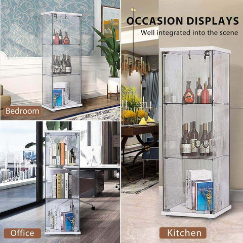 VIVOHOME 3 Layers 15.7''W x 15.7''D x 47.2''H Glass Countertop Display Showcase Cabinet Bookcase with 5mm Tempered Glass 25mm MDF Base