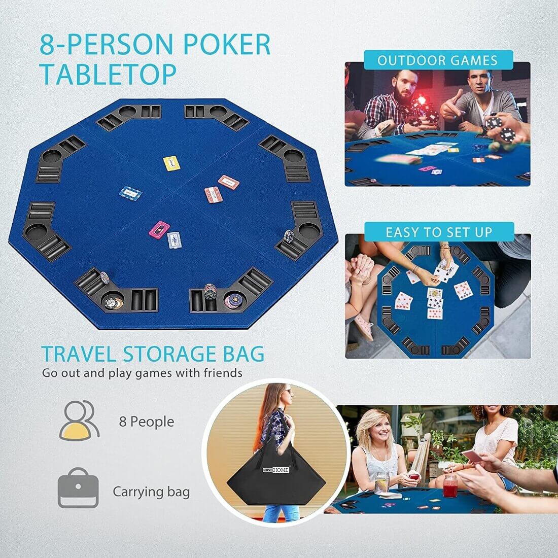 VIVOHOME 48 Inch Foldable 8-Player Texas Poker Card Tabletop Layout Portable Anti-Slip Rubber Board Game Mat with Cup Holders and Carrying Bag, Blue