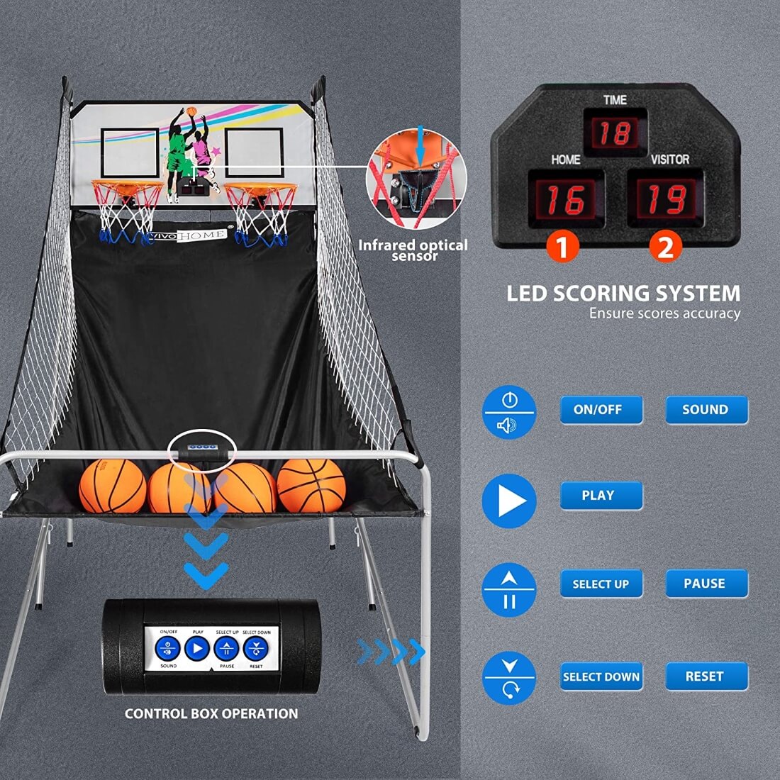 VIVOHOME Foldable Dual Shot Basketball Arcade Game Electronic for 2 Players with 8 Game Modes, 4 Balls and LED Scoring System Arcade Sounds Kids Adults Indoor Outdoor