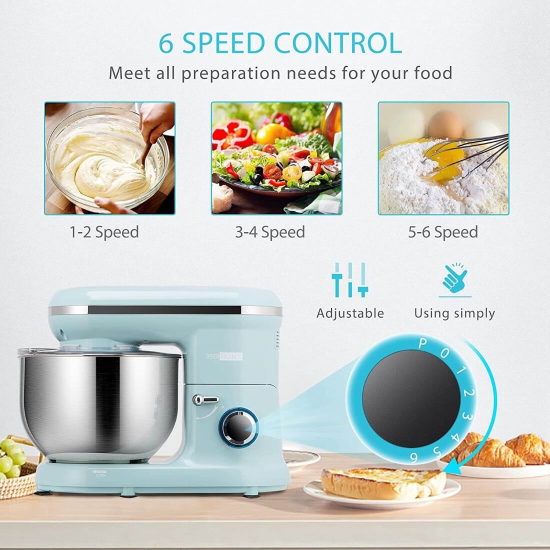 VIVOHOME Stand Mixer, 650W 6 Speed 6 Quart Tilt-Head Kitchen Electric Food Mixer with Beater, Dough Hook and Wire Whip, Pastel Blue