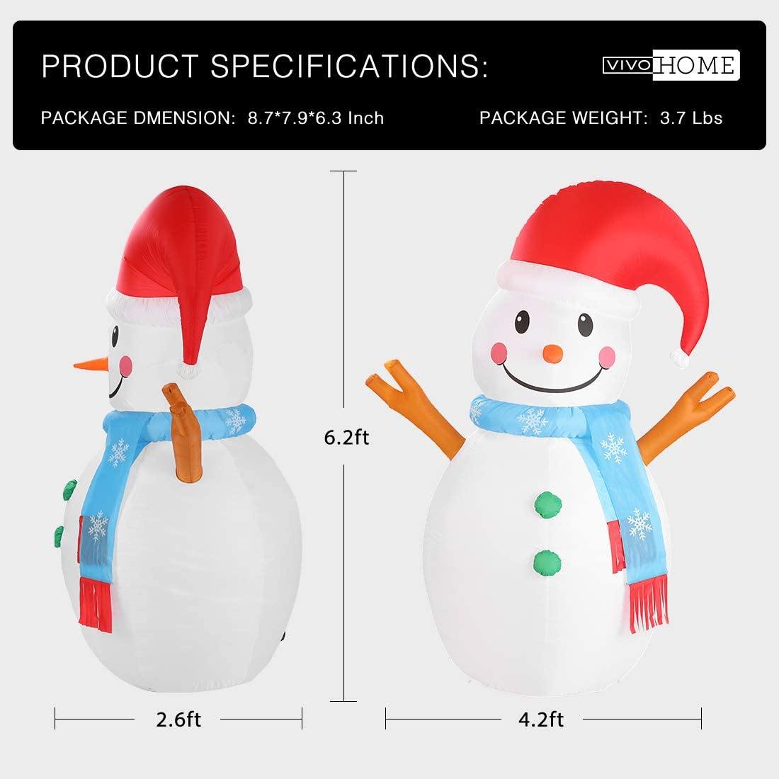 VIVOHOME 6.2ft Height Christmas Inflatable LED Lighted Snowman with Scarf and Colorful Rotating Light Outdoor Decoration - VIVOHOME