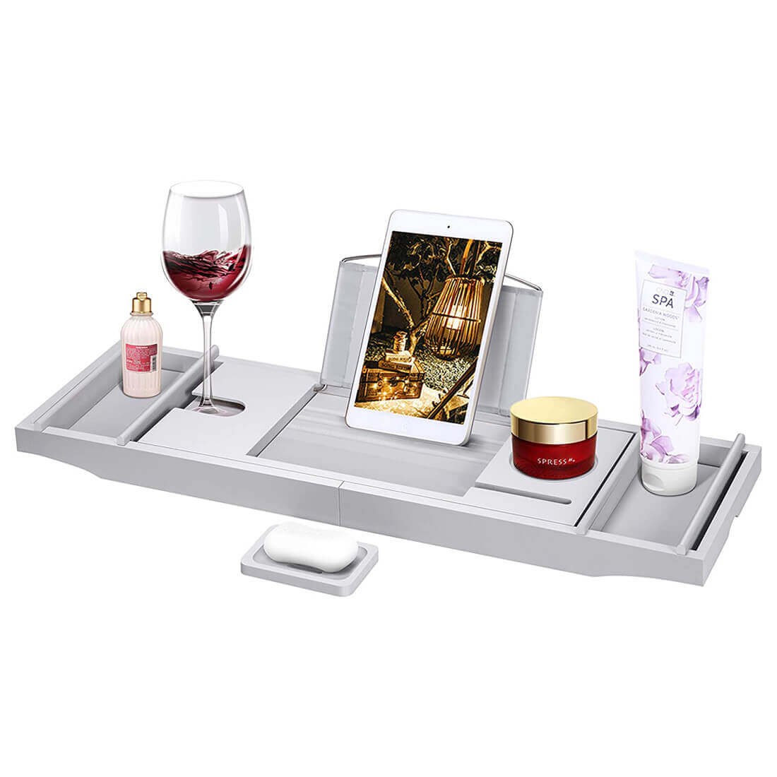  VIVOHOME Expandable 43 Inch Bamboo Bathtub Caddy Tray with Smartphone Tablet Book Holders, Soap Tray, Wine Glass Slot, Gray